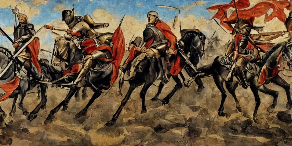 Image similar to medieval knight cavalry charge, italian futurism style