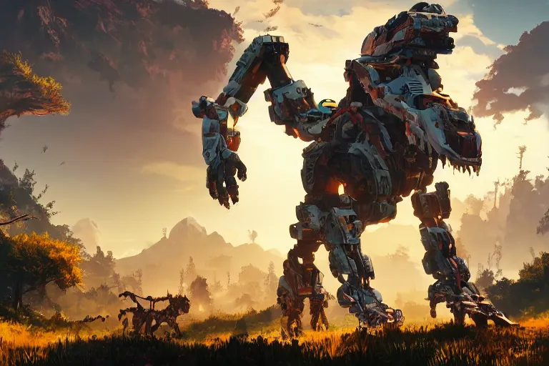 Image similar to scrapper machine creature robot of horizon forbidden west horizon zero dawn radiating a glowing aura global illumination ray tracing hdr fanart arstation by ian pesty and alena aenami artworks in 4 k