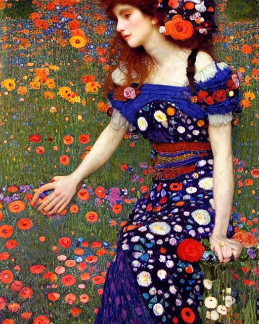 Image similar to a beautiful woman in a colorful dress surrounded by colorful patterns and flowers by gustave klimt and edgar maxence and john william waterhouse and michael whelan, artistic, intricate realistic fantasy, extremely detailed and beautiful face, 8 k resolution, dramatic lighting