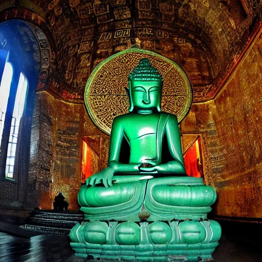 Image similar to dark green buddha being prayed in hagia sophia, dystopian universe