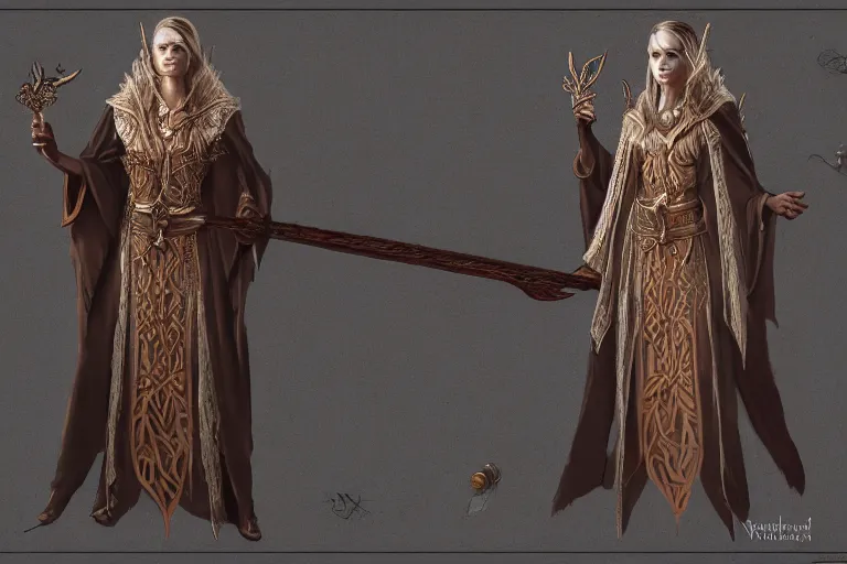 Image similar to Fashion model in highly detailed ornamental High Elven sorcerer robes with glowing runes border with Elven magical staff, by Blizzard Elder Scrolls, WETA, LOTR, craig mullins, greg rutkowski, trending on artstation , centered, character sheet