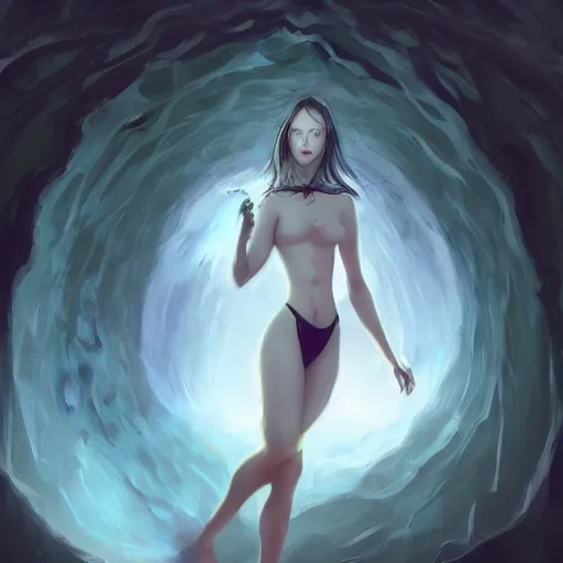 Prompt: Art station concept of a beautiful girls body in a dark cave, compulsion, Hypnosis, hypnotising, hypnotic eyes, light blue eyes, spiral eyes, symmetrical face, by Stanley Artgerm Lau, WLOP, Rossdraws, James Jean, Andrei Riabovitchev, Marc Simonetti, and Sakimichan, trending on artstation