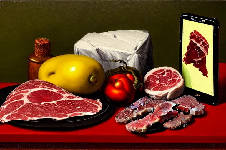 Image similar to a vanitas painting depicting an NVIDIA RTX A100 GPU, graphics card and a smartphone as well as packaged meat