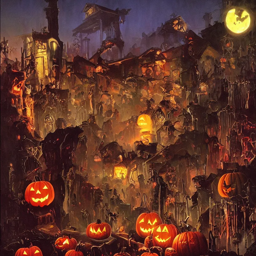 Image similar to halloween scene in a suburban neighborhood, surrounded by ancient monoliths with glowing runes. highly detailed science fiction painting by norman rockwell, frank frazetta, and syd mead. rich colors, high contrast, gloomy atmosphere, dark background. trending on artstation