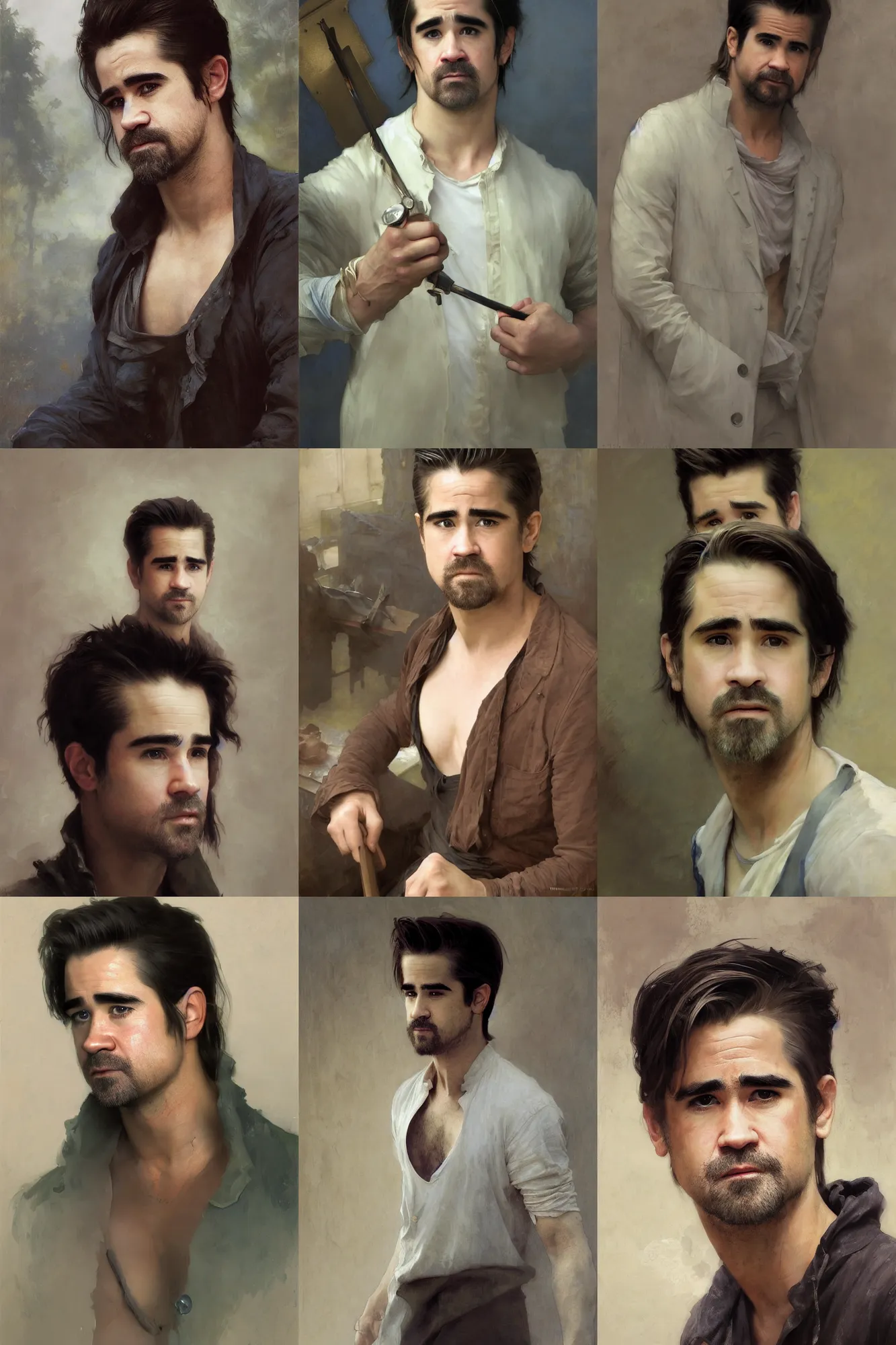 Prompt: depiction of Young Colin Farrell as a Oil painter in a atelier lustration by Ruan Jia and Mandy Jurgens and William-Adolphe Bouguereau, Artgerm, 4k, digital art, surreal, space dandy style, highly detailed, godsend, artstation, digital painting, concept art, smooth, sharp focus, illustration by Ruan Jia and Mandy Jurgens and William-Adolphe Bouguereau