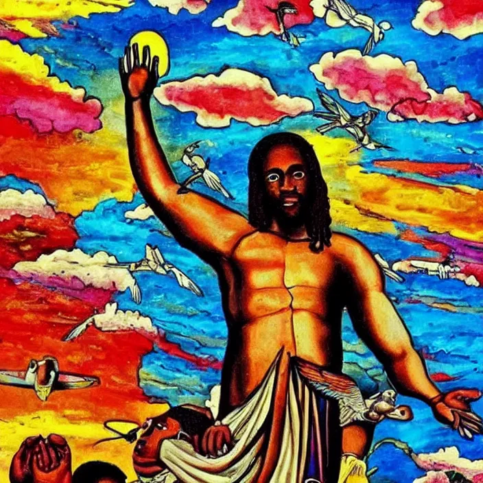Image similar to UFO hovering over an African Jesus , clouds, colorful, in the style of Nigerian truck art (Eagle & Snake, Kano),