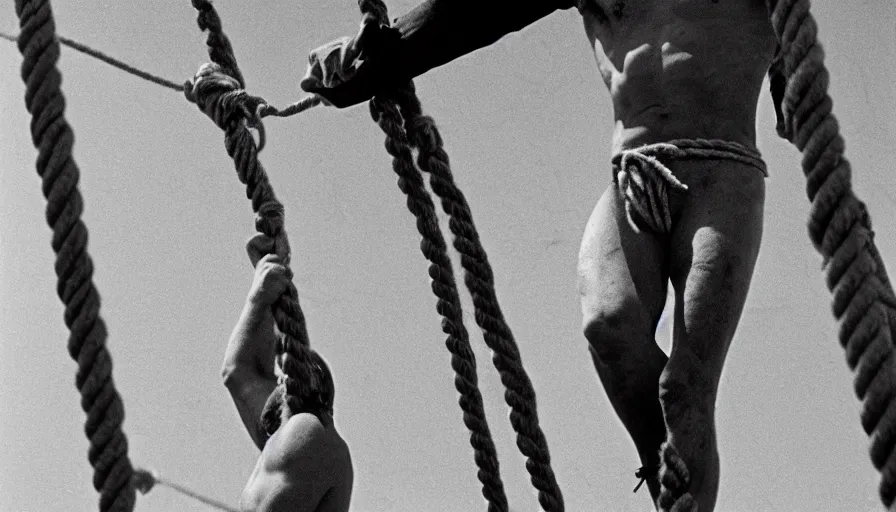 Image similar to 1 9 6 0 s movie still of marcus atilius regulus tied with ropes at pole in direction of the burning sun with blood flowing off his eyes cinestill 8 0 0 t 3 5 mm b & w, high quality, heavy grain, high detail, texture, dramatic light, anamorphic, hyperrealistic, detailed hair