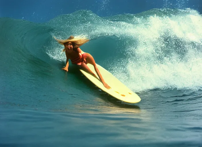 Image similar to color photo of a surfergirl riding a big wave in the 8 0's. shark fin in the water