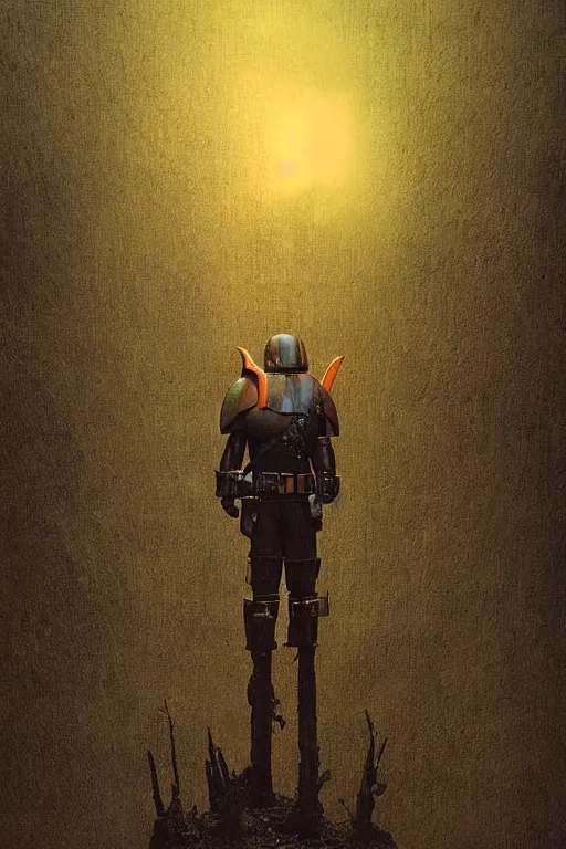 Image similar to mandalorian by beksinski , award winning photograph with bokeh and backlight