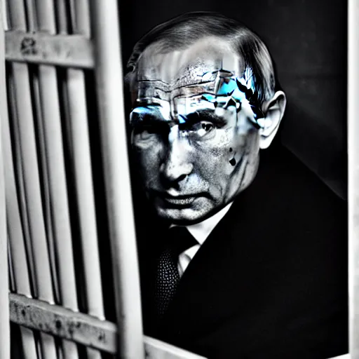 Image similar to a very sad and old wrinkled vladimir putin ( ( in prison clothes sitting on prison bench in prison ) ). detailed professional 3 5 mm black and white photo by don mccullin and anders petersen world press photo award