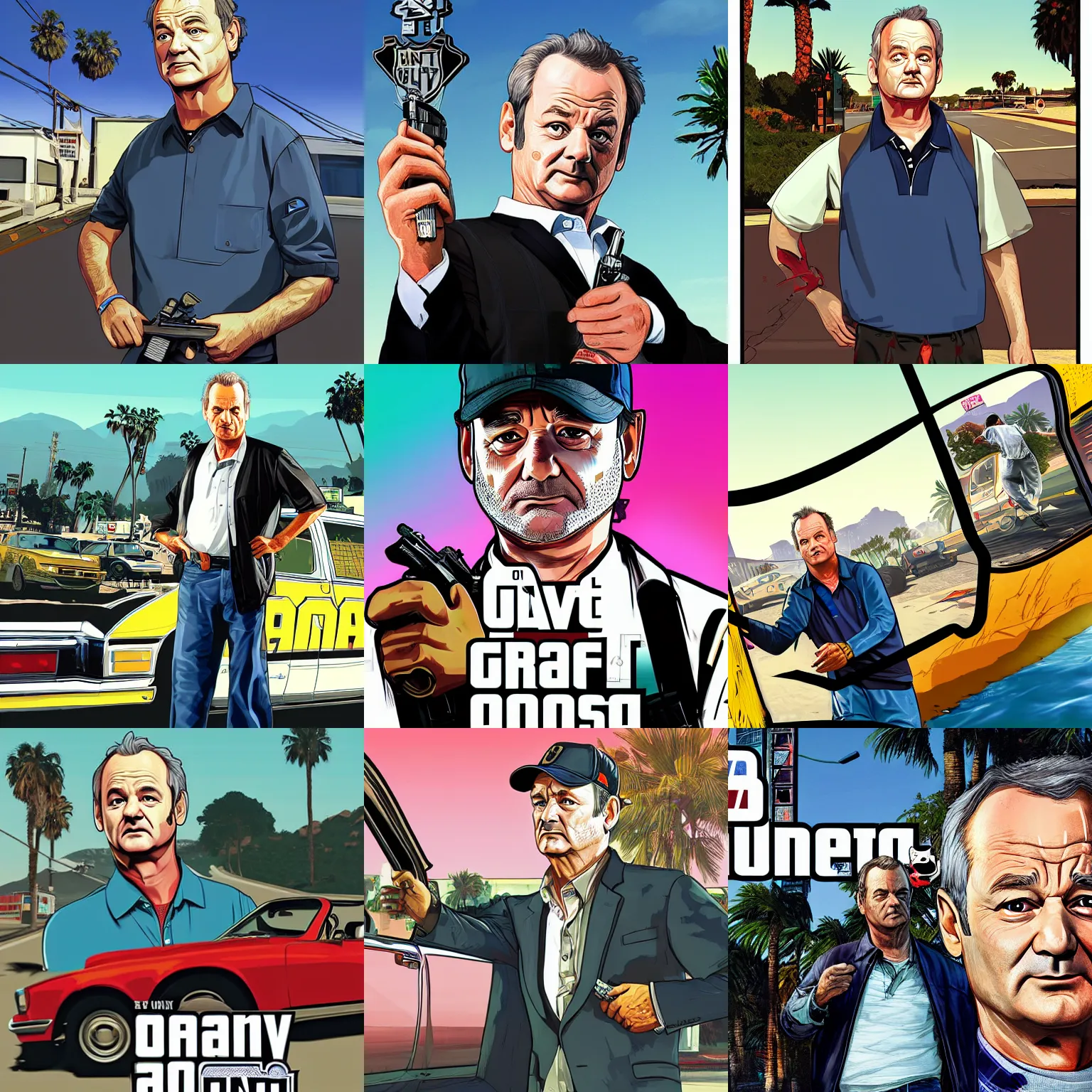 Prompt: bill murray in gta v promotional art by stephen bliss, no text, very detailed, professional quality
