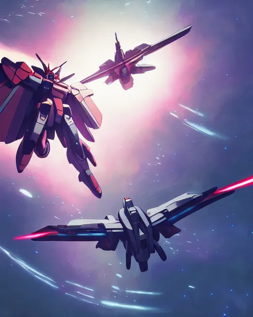 Image similar to gundam with wings of feathers beam saber fighting in space with a beam gun, unreal engine, greg rutkowski, loish, rhads, beeple, makoto shinkai and lois van baarle, ilya kuvshinov, rossdraws, tom bagshaw, alphonse mucha, global illumination, detailed and intricate environment