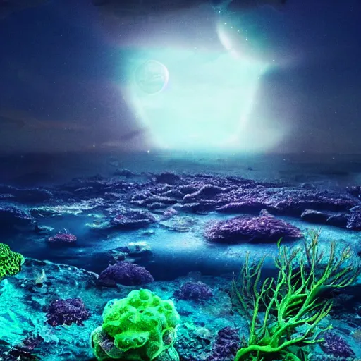 Prompt: Photograph of an underwater alien base, photorealistic, colorful, seaweed, moonlight, dark, smog,