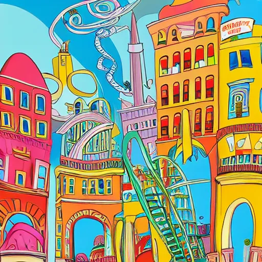 Prompt: fanciful city filled with curvy buildings, by dr seuss, oh the places you'll go, arches, platforms, towers, bridges, stairs, colorful kids book illustration