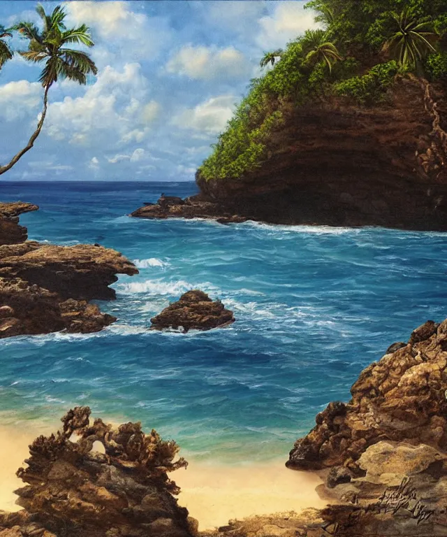 Image similar to photorealistic painting of turtle bay beach jamaica, sharp cliffs, island with cave, dark, atmospheric, brooding, smooth, finely detailed, cinematic, epic, in the style of clyde caldwell