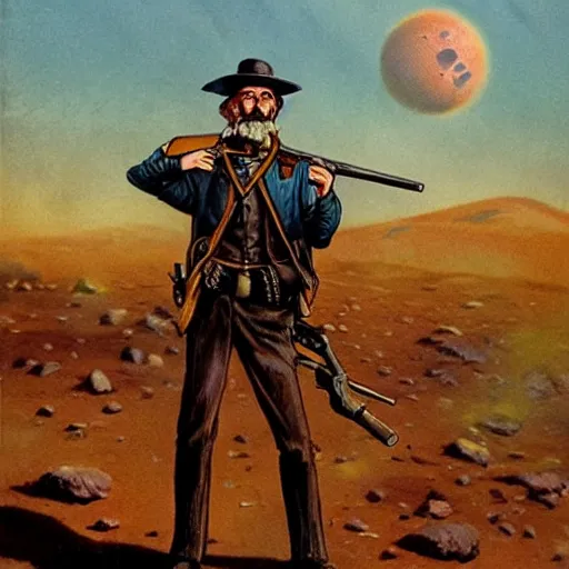 Image similar to 19th century scruffy american holding a rifle, on mars, pulp science fiction illustration