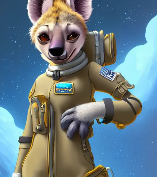 Image similar to digital detailed art of furry female hyena, in style of zootopia, fursona, furry, furaffinity, 4 k, deviantart, wearing astronaut outfit, in style of disney zootopia, floating in space, space background, hyena fursona, cyberpunk, female, detailed face, style of artgerm,