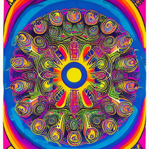 Prompt: Fillmore concert poster for The Bozone April 20, 1969 by Victor Moscoso and S. Clay Wilson, psychedelic, intricate paisley filigree mandala, day-glo colors, flowing lettering