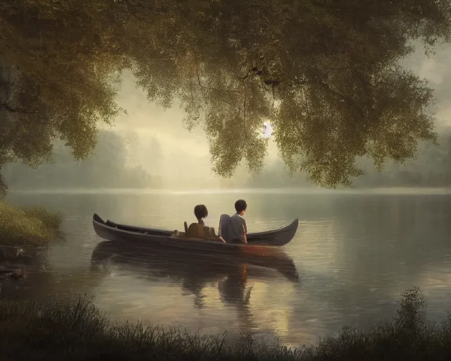 Image similar to a boy and a girl with long flowing auburn hair sitting together on the rowboat. Boy has black short hair, boy has black short hair. Atmospheric lighting, long shot, romantic, boy and girl are the focus, trees, river. Oil Painting, Trending on Artstation, octane render, Insanely Detailed, 8k, HD