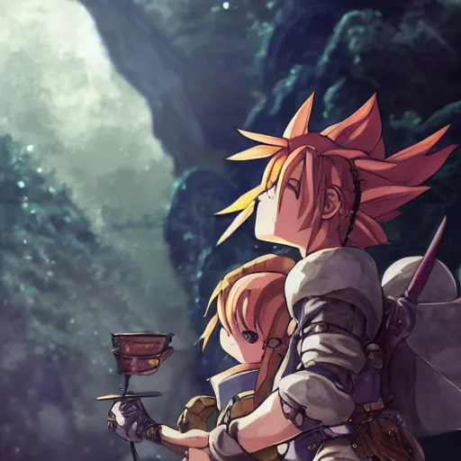 Image similar to steam punk, chrono trigger, detailed anime characters, starring crono, marle and ayla, vivid light, greg rutkowski, uhd, uhd uhd uhd, 8 k, shallow depth of field, intricate detail, concept art!