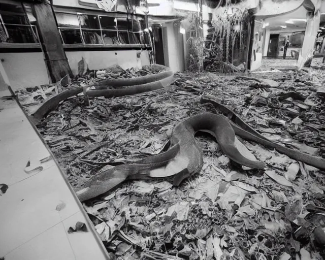 Image similar to camera footage of a giant Python in an abandoned shopping mall, high exposure, dark, monochrome, camera, grainy, CCTV, security camera footage, timestamp, zoomed in, fish-eye lense, snake,