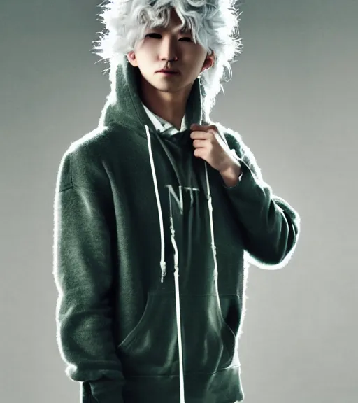 Image similar to nagito komaeda fashion photoshoot, a japanese man with white fluffy longish hair, thin sharp features, extremely pale, gray eyes, green hoodie, fashion photography, dynamic pose, young and beautiful, magazine cover, japanese facial features