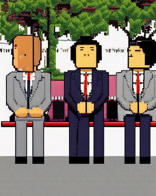 Prompt: three men in suits sitting on a bench, pixel art by hiroshi nagai and by guy billout and by philippe bouchet, cg society, pixel art, 2 d game art, # pixelart, ps 1 graphics