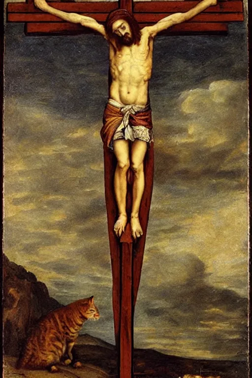 Image similar to “ garfield the cat on the cross in the painting ‘ christ crucified ’ by diego velazquez ”