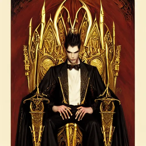 Image similar to perfectly centered portrait of attractive vampire king in gold gothic robe sitting on a throne of black bones, highly detailed painting by gaston bussiere, craig mullins, j. c. leyendecker, 8 k, mid shot