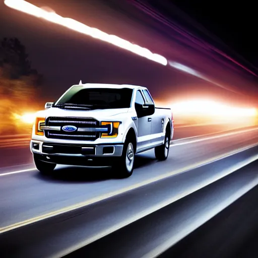 Image similar to ford f - 1 5 0 driving behind a car on the highway with the highbeams on, nighttime, photo, detailed