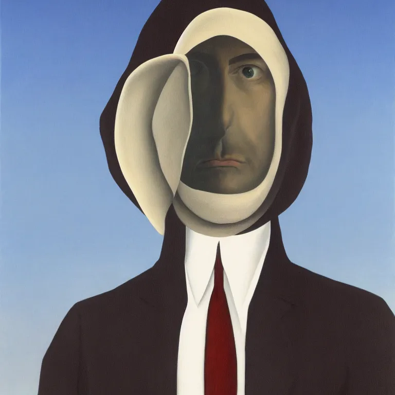 Image similar to portrait of a faceless hooded man in a suit by rene magritte, detailed painting, distance, centered, hd, hq, high resolution, high detail, 4 k, 8 k