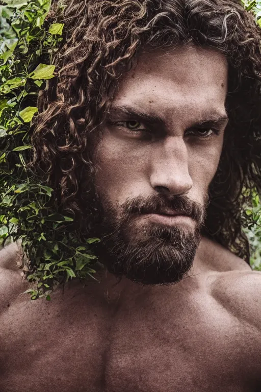 Prompt: ultra close up, portrait of a muscular man, chiseled features, beautiful flowing brown curly hair, mythological, god of nature, defined muscles, artsy photography, film photo, 4 k, model posing, deep tan skin, trending on artstation, fashion photography, yellow eyes, overgrown background, dryad, verdant forest, face