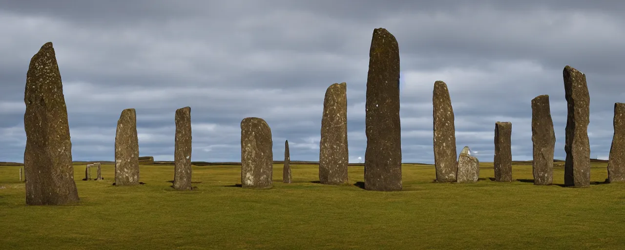 Prompt: figures stand amongst the neolithic standing stones of stenness, calm, serene, placid, light