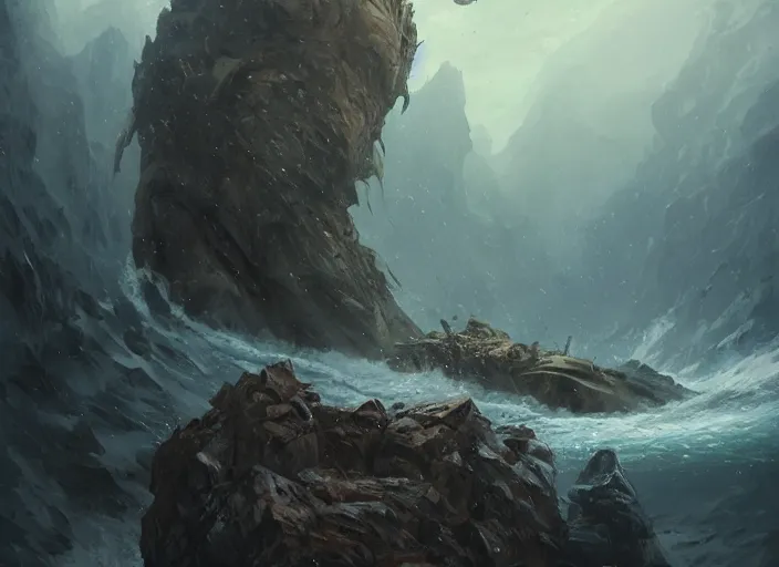 Image similar to a gigantic crustacean monster in a rocky chasm, dramatic fantasy art by greg rutkowski