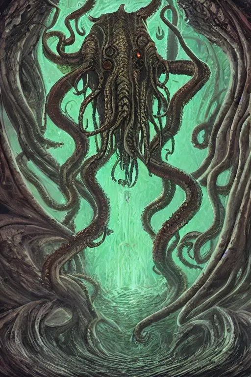 Image similar to ancient eldritch horror cthulhu, concept art, digital art, tarot card, highly detailed