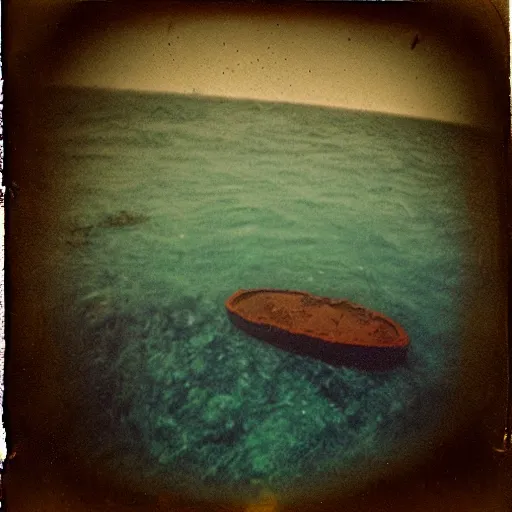 Image similar to a rusty bed at the bottom of the ocean, dark, murky water, underwater, old polaroid, expired film,
