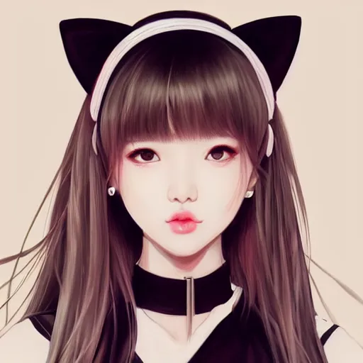 Image similar to realistic detailed semirealism beautiful gorgeous cute Blackpink Lalisa Manoban wearing school uniform, black hair black cat ears, black leather choker, proportional body, WLOP, Aztodio, Taejune Kim, sakimichan, ArtGerm, Pixiv, Instagram, Artstation