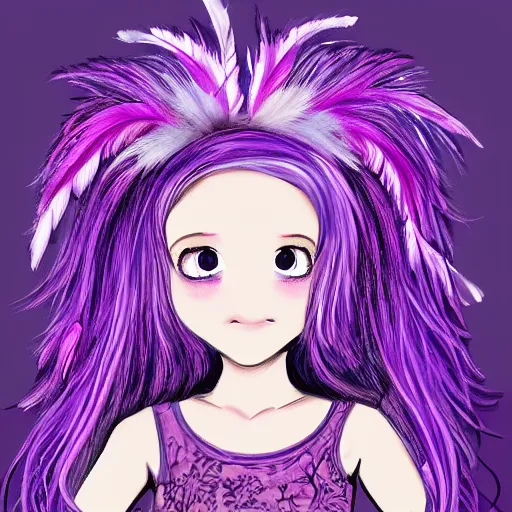 Image similar to little girl with eccentric pink hair wearing a dress mada of purple feather, art by dcwj