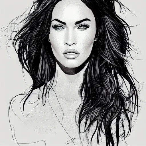 Prompt: megan fox portrait by arunas kacinskas and mallory heyer, sketch, pencils, minimalistic, procreate, digital illustration, vector illustration, doodle, applepencil, geometrical shapes and lines, newstyle