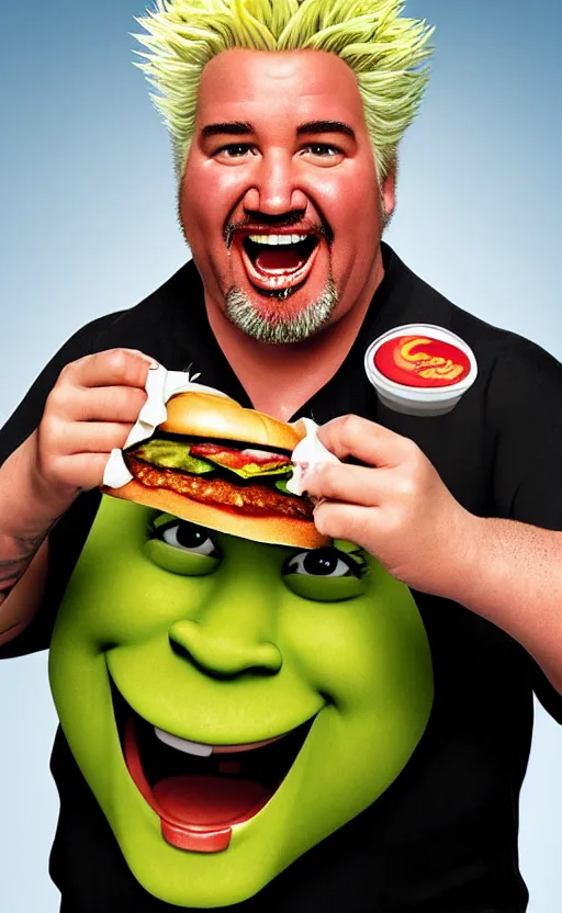 Image similar to guy fieri as shrek, eating a juicy burger, photograph, realistic