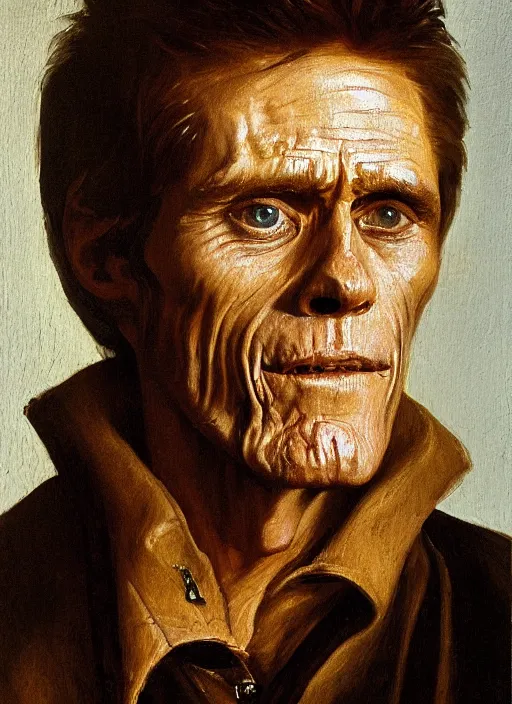 Image similar to portrait painting of willem dafoe with stubble, renaissance oil painting, studious chiaroscuro