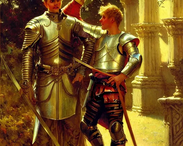 Image similar to arthur pendragon flirting wit his knight. the knight is also flirting back, highly detailed painting by gaston bussiere, craig mullins, j. c. leyendecker