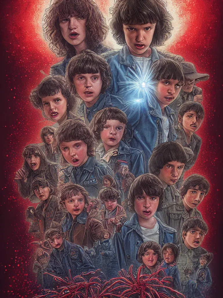 Image similar to A new Stranger Things poster, a detailed painting featuring Finn Wolfhard (Mike Wheeler) from Stranger Things turned on his back floating around being surrounded by red dust from the series, spiders crawling out of the ground, rain, fear, Andrew Ferez traits, cg society, fantasy art, biomorphic, mystical, whimsical, 8k
