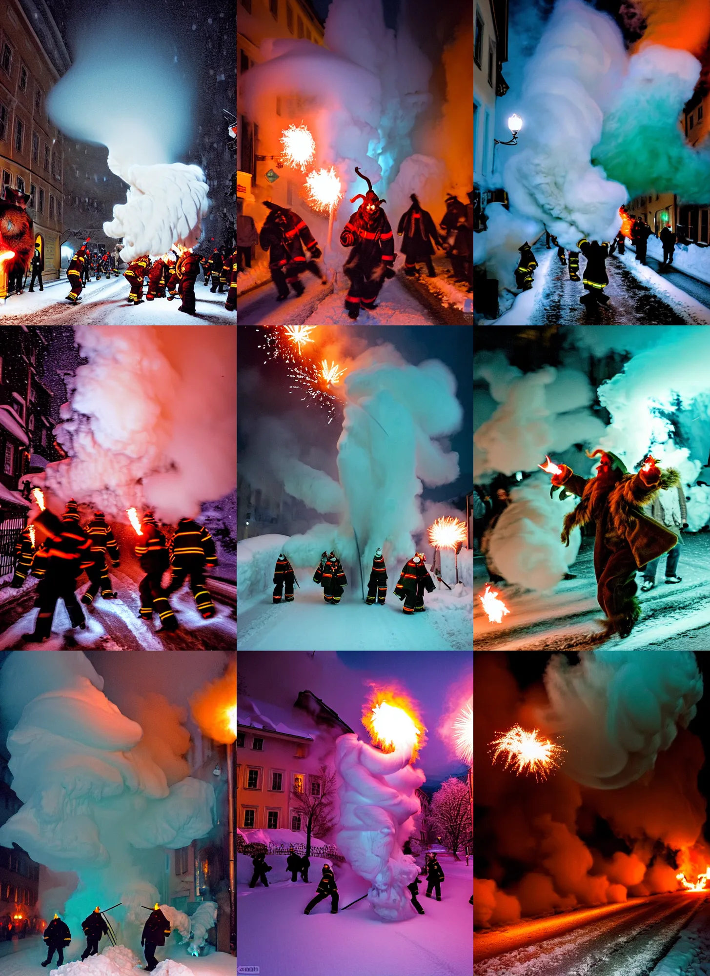 Prompt: kodak portra 4 0 0, winter, snow tornado, hellfire, award winning dynamic photograph of a bunch of hazardous krampus between exploding fire barrels by robert capas, motion blur, in a narrow lane in salzburg at night with colourful pyro fireworks and torches, teal lights