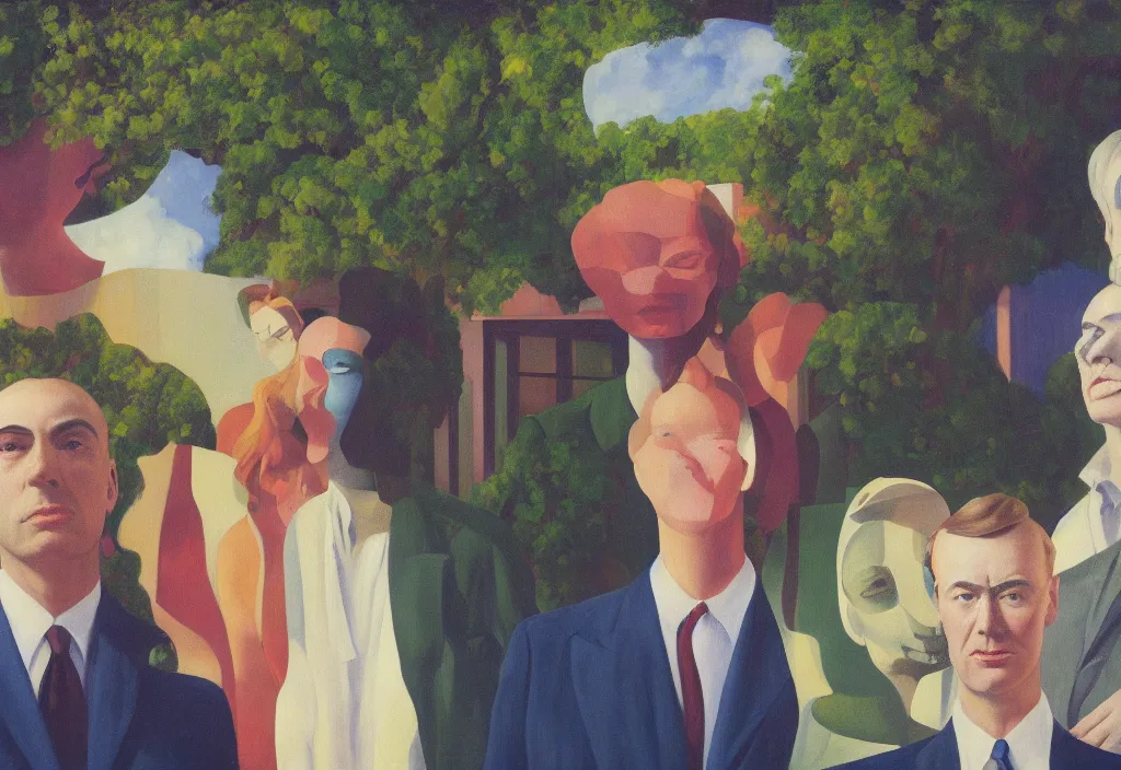 Prompt: three of people pictured in afternoon light, background of surreal architecture with an open ceiling, trees and absurd objects : : close - up of the faces, surrealist oil painting by edward hopper, dora maar and rene magritte