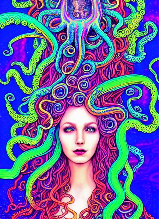 Prompt: A sea goddess with colorful tentacles hair having an extremely colorful psychedelic experience, warping time and space, magic mushrooms, psilocybin, LSD, face, detailed, intricate, elegant, highly detailed, digital painting, artstation, concept art, smooth, sharp focus, illustration, art by Krenz Cushar, Artem Demura, alphonse mucha and beeple, Octane render, unreal engine, 8K