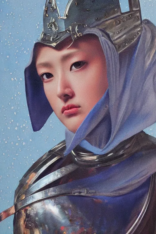 Image similar to hyperrealism oil painting, close-up portrait of medieval fashion model, knight, steel gradient mixed with nebula sky, in style of baroque mixed with 70s japan book art