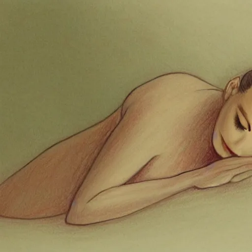 Image similar to This drawing is a beautiful example of use of color and light. The drawing depicts a woman reclining on a couch, with her head turned to the side and her eyes closed. The woman's body is bathed in a light, and her skin appears to glow. The artist has used a soft, delicate palette to create a sense of tranquility and serenity. The drawing is elegant and graceful, and the woman's face is incredibly expressive. It is a truly beautiful drawing. avant-garde, Korean folk art by Anne-Louis Girodet, by Joan Miro peaceful