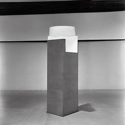 Prompt: Fontaine by Marcel Duchamp on a pedestal a a white cube museum, upside down readymade urinal, courtesy of Centre Pompidou, 35 mm film