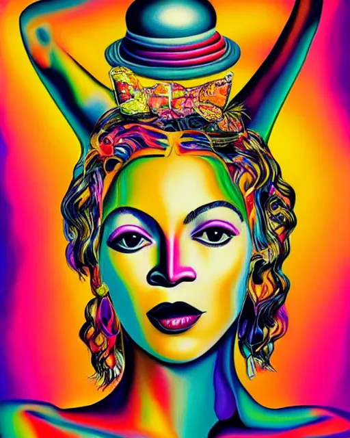 Prompt: portrait of beyonce by lisa frank, rene magritte, h. r. giger, and salvador dali